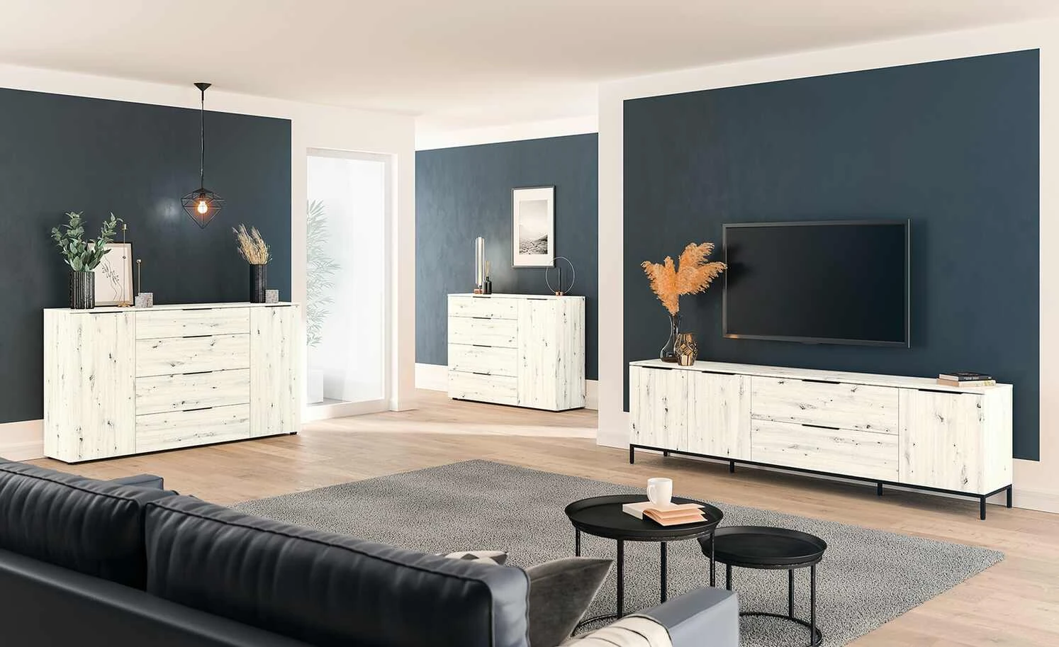 TV-Lowboard Vitreo | White Oak (Nachbildung) 3 Türen, 1 Klappe und 1 Schubkasten 1 TV-Lowboard Vitreo | White Oak (Nachbildung) 3 Türen, 1 Klappe und 1 Schubkasten